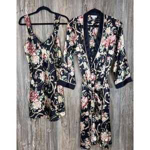 Vintage Amelias Floral Satin Robe & Nightgown Set Robe Size M ~Nightie Size L